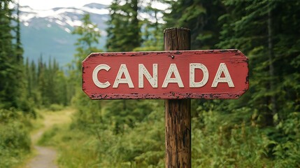A wooden signpost indicates the entrance to Canada, surrounded by lush greenery and mountains in the background, suggesting a scenic outdoor area.