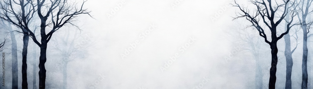 Poster mysterious and enchanting landscape depicting majestic trees emerging from dense fog under soft natu