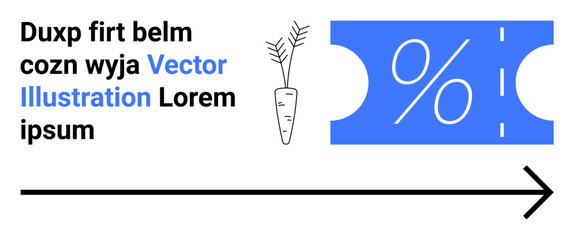 Coupon featuring a percentage symbol, carrot icon, and directional arrow. Ideal for promotions, discounts, healthy living, organic marketing, forward growth, savings abstract line flat metaphor