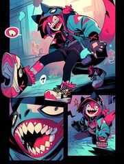 Pinkhaired character animal ears holds bag wearing jacket sneakers