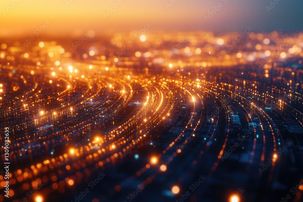 Poster abstract representation of a digital network or cityscape at sunset with glowing lines and points of