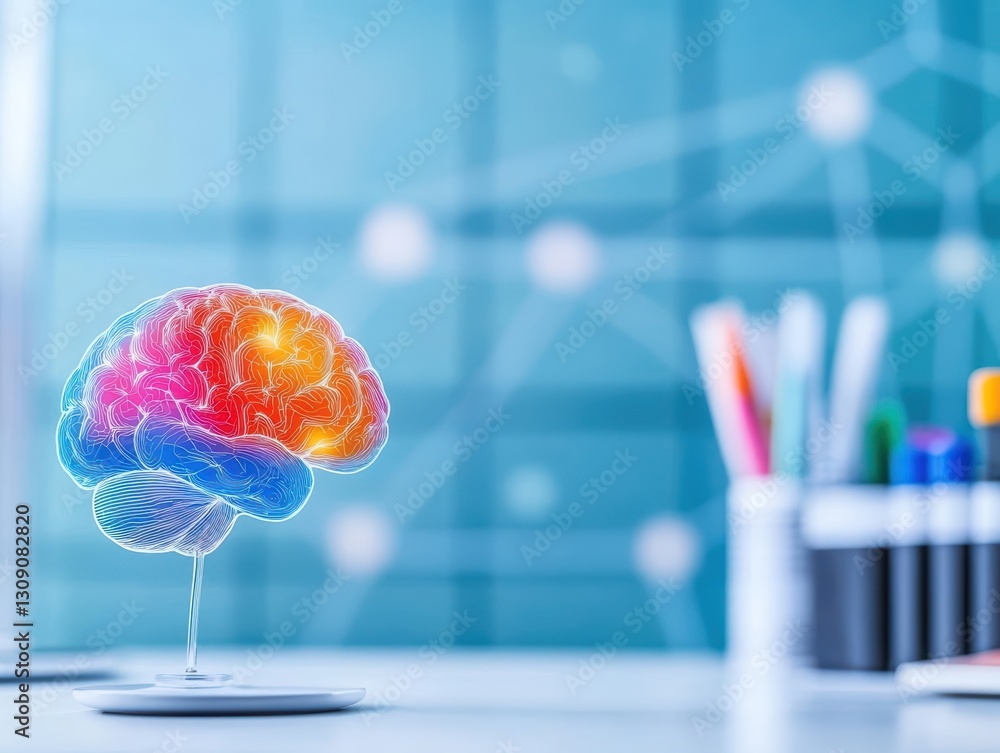 Poster intricate brain model displayed on a wooden desk surrounded by educational materials and soft lighti