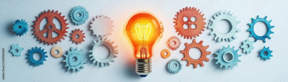 Poster a bright light bulb illuminating a complex arrangement of gears and cogs symbolizing innovation crea