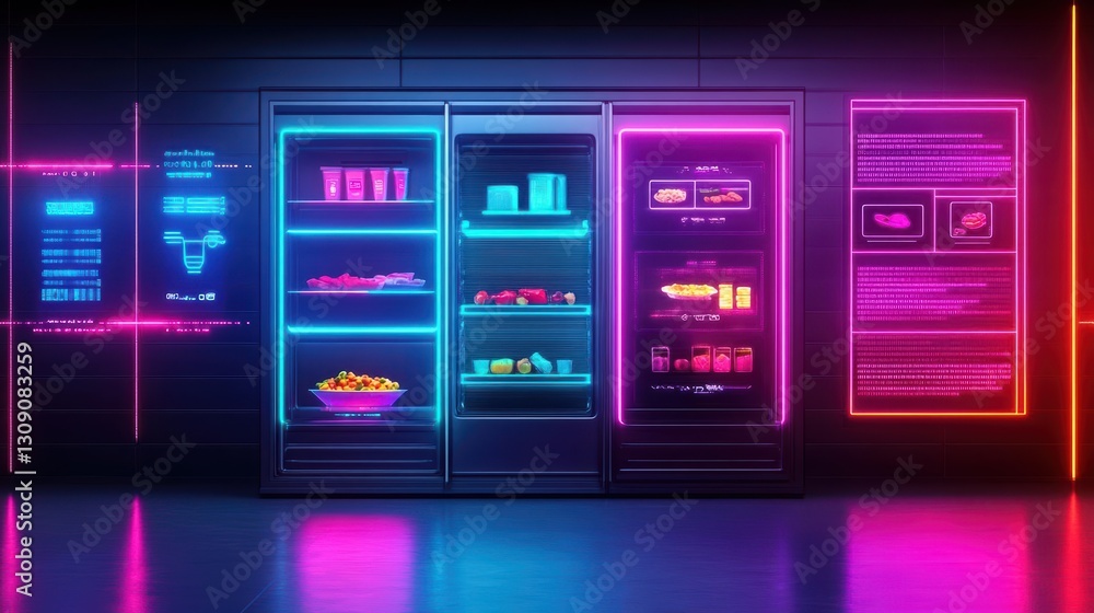 Poster Illuminated Refrigerator with Vivid Neon Lights Casting a Glow in a Dark Room Creating a Unique and Modern Atmosphere for Contemporary Spaces