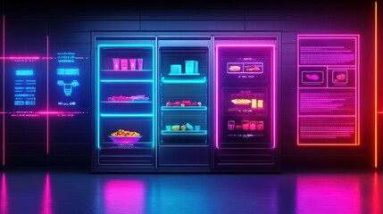 Illuminated Refrigerator with Vivid Neon Lights Casting a Glow in a Dark Room Creating a Unique and Modern Atmosphere for Contemporary Spaces