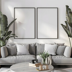 A blank framed artwork on the wall of minimalist living room