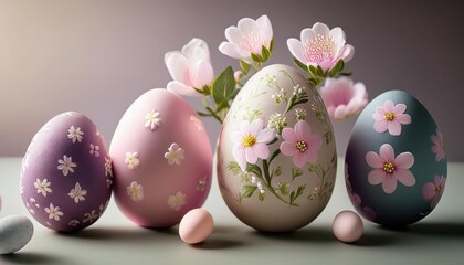 Fototapeta premium Easter eggs with flowers on table