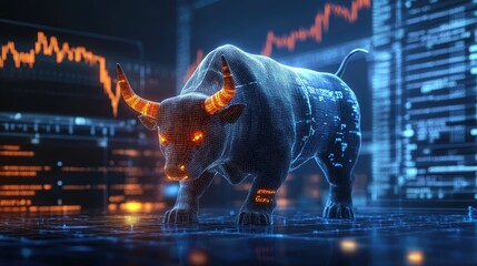 Digital Bull Market, A 3D Render of a Bull in a Futuristic Stock Market Setting