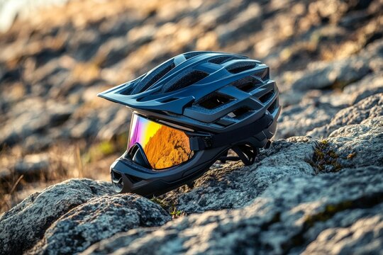 A mountain bike helmet featuring a reflective visor is placed on rough rocky terrain during the golden hour, highlighting the adventure spirit and outdoor appeal