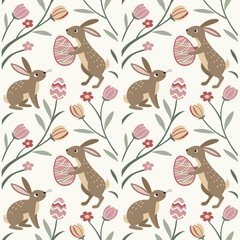 Obraz premium Seamless Easter pattern featuring bunnies, eggs, and flowers in a charming vector design