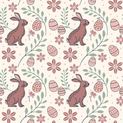 Obraz premium Seamless Easter pattern featuring bunnies, eggs, and flowers in a charming vector design
