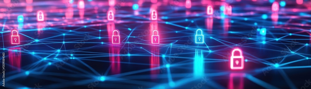 Poster intricate network of interconnected lines with a secure lock symbolizing protection and connectivity