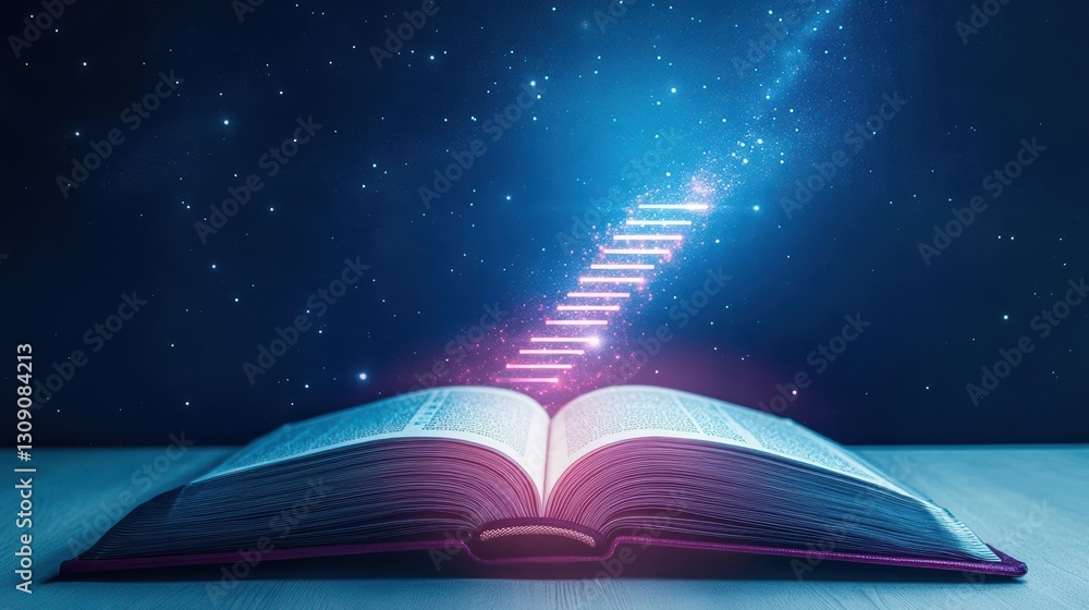 Poster an enchanting open book with stairs emerging from its pages symbolizing adventure discovery and imag