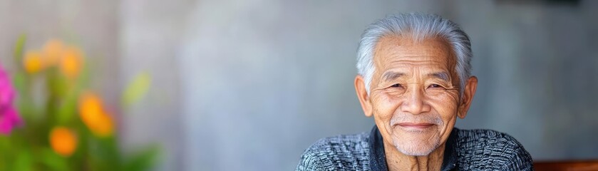 Elderly Woman Sitting Comfortably in a Cozy Chair Surrounded by Vibrant Flowers Creating a Warm and Inviting Atmosphere of Serenity and Reflection