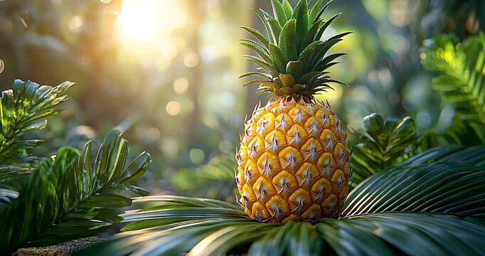 Ripe Yellow Pineapple in Lush Tropical Foliage Backlit by Warm Sunlight