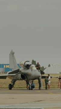 Vertical Screen French Air Force and Space Force Dassault Rafale parked at the airport at Bucharest International Air Show (BIAS) 2024