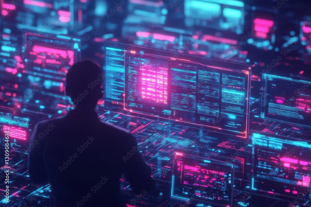Poster focused individual standing before extensive array of computer screens engaged in deep concentration