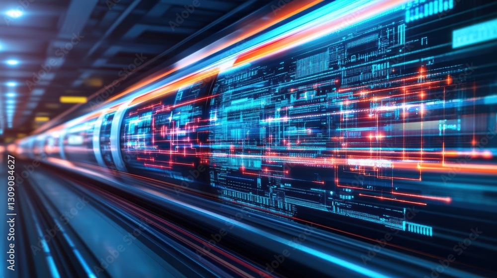 Poster dynamic train journey through a vibrant tunnel illuminated by striking blue and red lights creating 