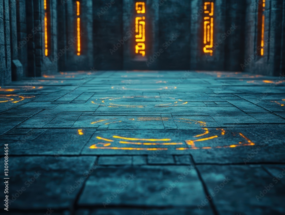 Poster mysterious dark room illuminated by soft glowing yellow lights creating an enigmatic atmosphere evok