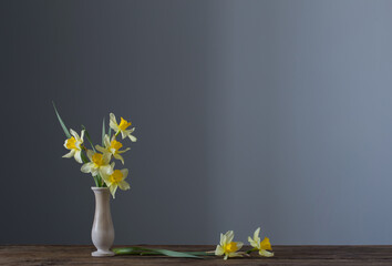 yellow narcissus  in vase on wooden table on dark background