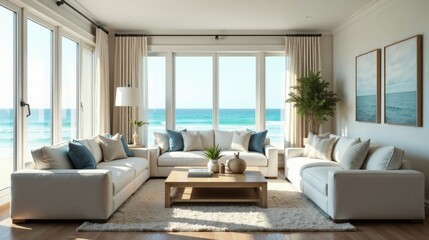 Coastal Living Room Decor Serene Ocean View, Plush Sofas, and Natural Light