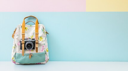 Floral backpack, camera, pastel background, travel, blog