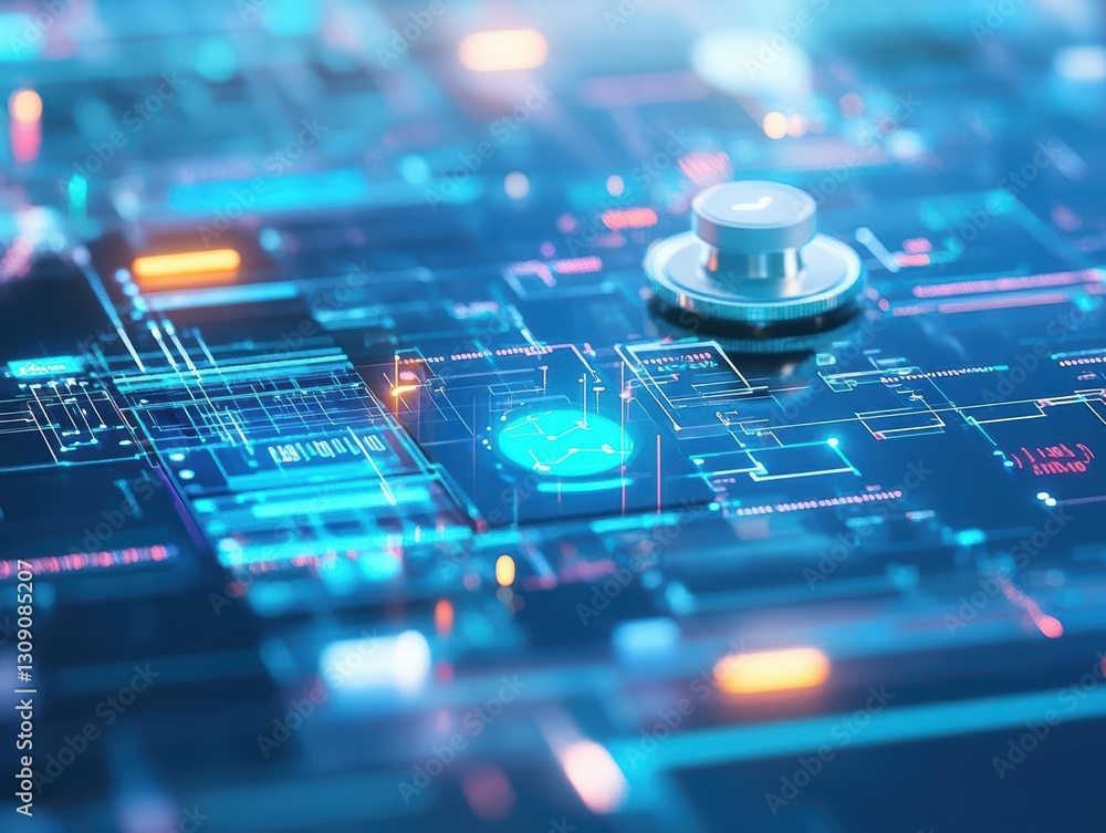 Poster intricate computer chip design set against a deep blue background highlighting technology innovation