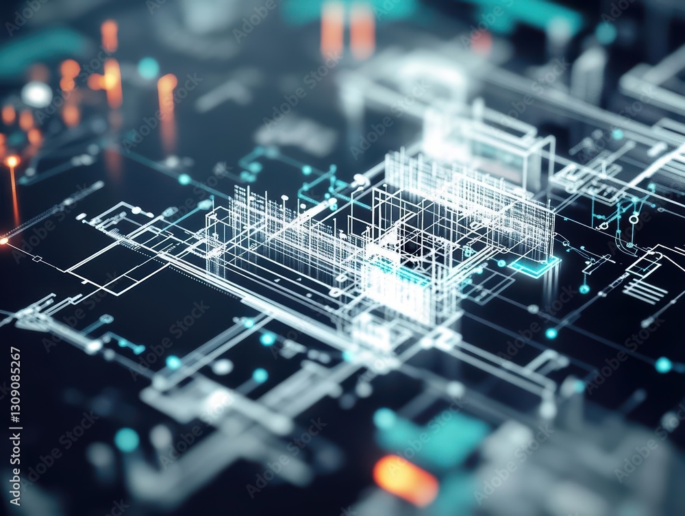 Poster intricate blueprint of a circuit board featuring a central circuit design highlighting technological