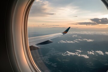 Window view from an airplane: breathtaking vista, expansive sky, winged perspective, distant landscape, cloudscape, horizon stretch, aerial sight, panoramic beauty, serene journey, open skies.