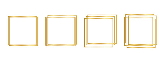 Set of golden square frames isolated on white background. Collection of shiny luxury borders. Decorative frameworks, elements for banners, greeting or invitation cards. Vector realistic illustration.