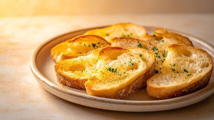 A beautifully arranged plate of garlic bread slices, positioned slightly to the left, with warm golden tones complementing the smooth gradient background fading into pale beige. The focus on