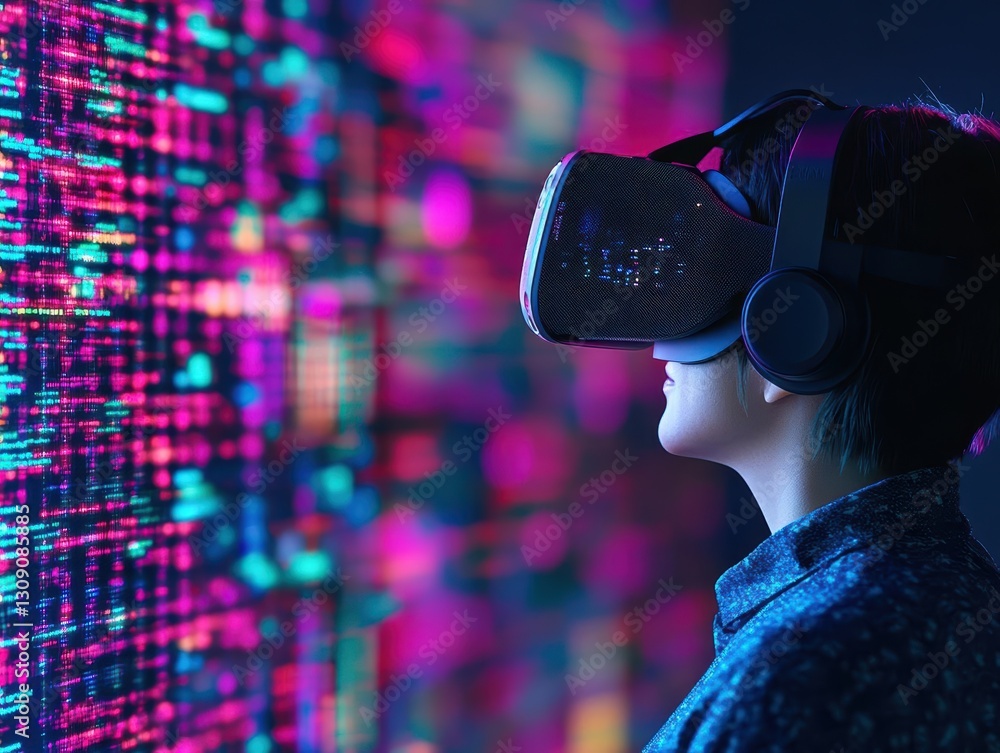 Poster woman engaged with virtual reality experience immersed in digital data visualizations creating a fut