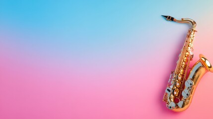 Gold alto saxophone on a pink and blue gradient background.