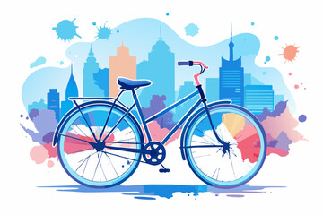 Colorful illustration of a bicycle in front of a city skyline.