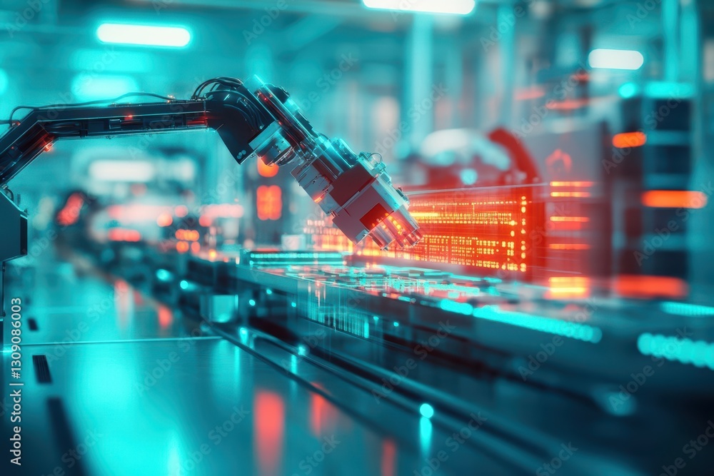 Poster advanced robotic arm efficiently assembling components on a busy factory conveyor belt highlighting 