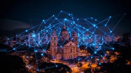 Sao Paulo Cathedral Illuminated In Blue Network At Night, Digital Connectivity, Smart City, Brazil