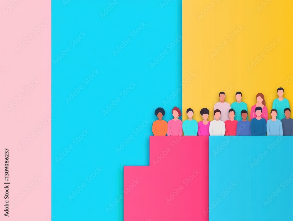 Poster diverse group of individuals standing in a row on vibrant colorful paper with expressions of joy and
