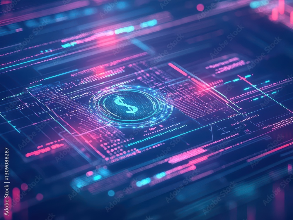 Poster intricate digital circuitry with a glimmering cryptocurrency coin symbolizing modern technology and 