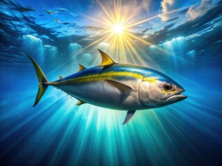 Obraz premium Stunning high-resolution image of a yellowfin tuna in its Pacific Ocean habitat.