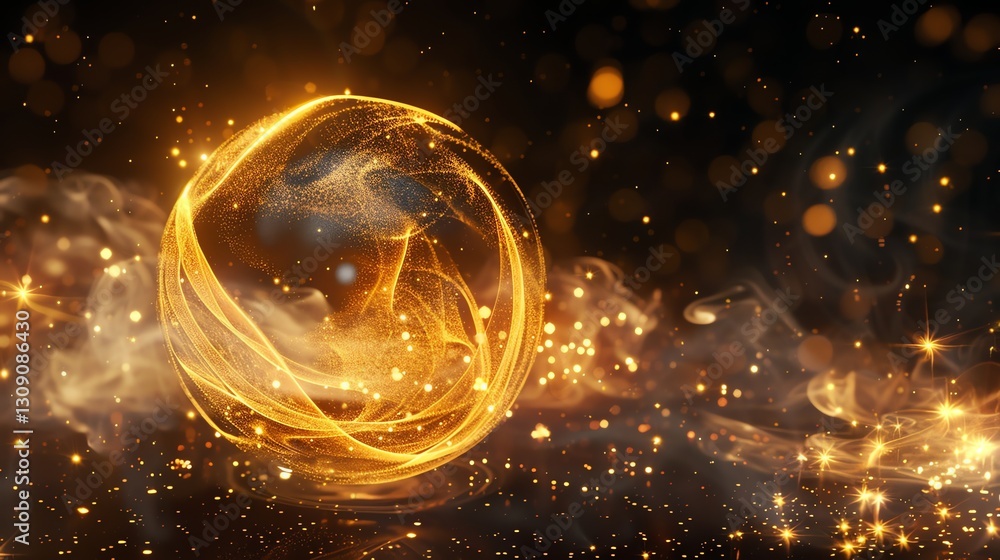 Poster abstract golden orb with swirling lines of light and bokeh, surrounded by glittering particles and s