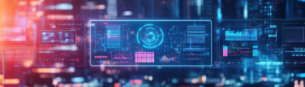 Poster futuristic interface displaying advanced technology with interactive elements set against a sleek ba