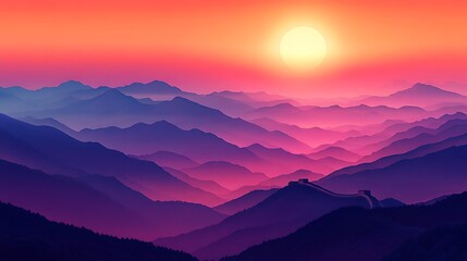 Fototapeta premium A stunning silhouette of the Great Wall of China, winding over rolling hills, set against a breathtaking sunrise gradient of deep orange, pink, and soft purple, with mist flowing through the valleys.