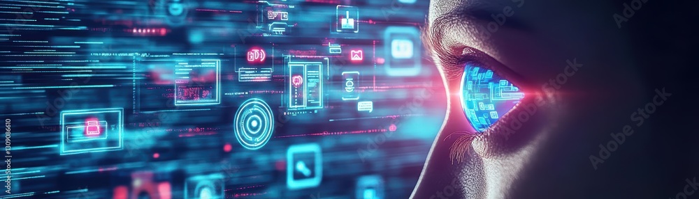 Poster a man engaged with a futuristic digital interface surrounded by a modern environment emphasizing tec