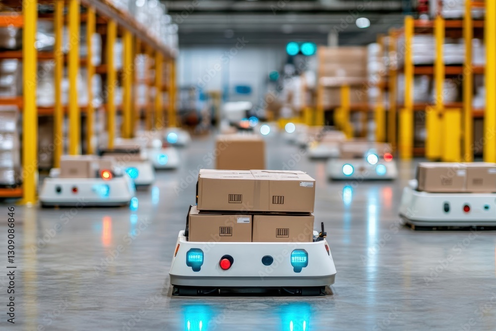 Poster futuristic robot efficiently transporting boxes in a spacious warehouse environment highlighting aut