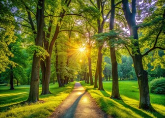 Obraz premium Sun-dappled forest path, summer's low light paints a serene park scene.