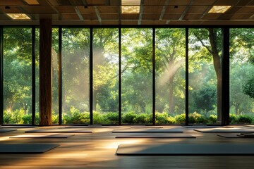 Fototapeta premium In a serene yoga studio featuring large windows, natural light filters in, illuminating mats arranged for practice. Outside, lush greenery creates a calming atmosphere for mindfulness and relaxation
