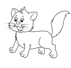 Cute cartoon hand drawn vector smiley cat coloring page.