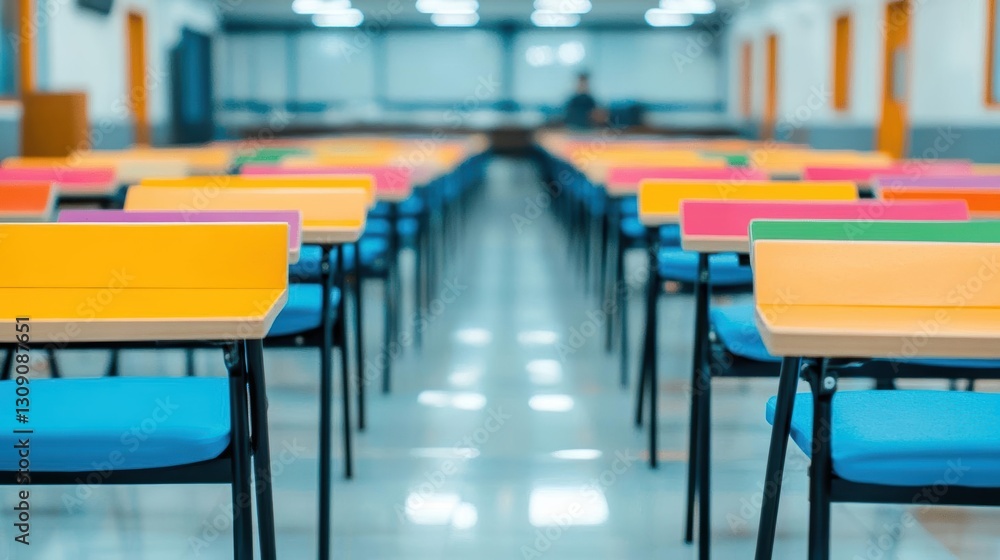Poster vibrant classroom environment featuring colorful desks and creative learning spaces designed to insp