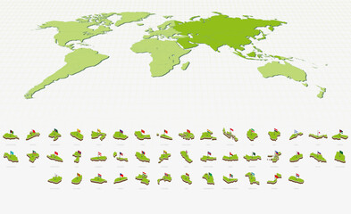 Asian Maps and Flags in Isometric Style. Isometric Maps Collection