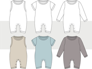 new born baby boys kids romper unisex bodysuit set infant onesies baby clothes set flat sketch vector illustration, cad.
